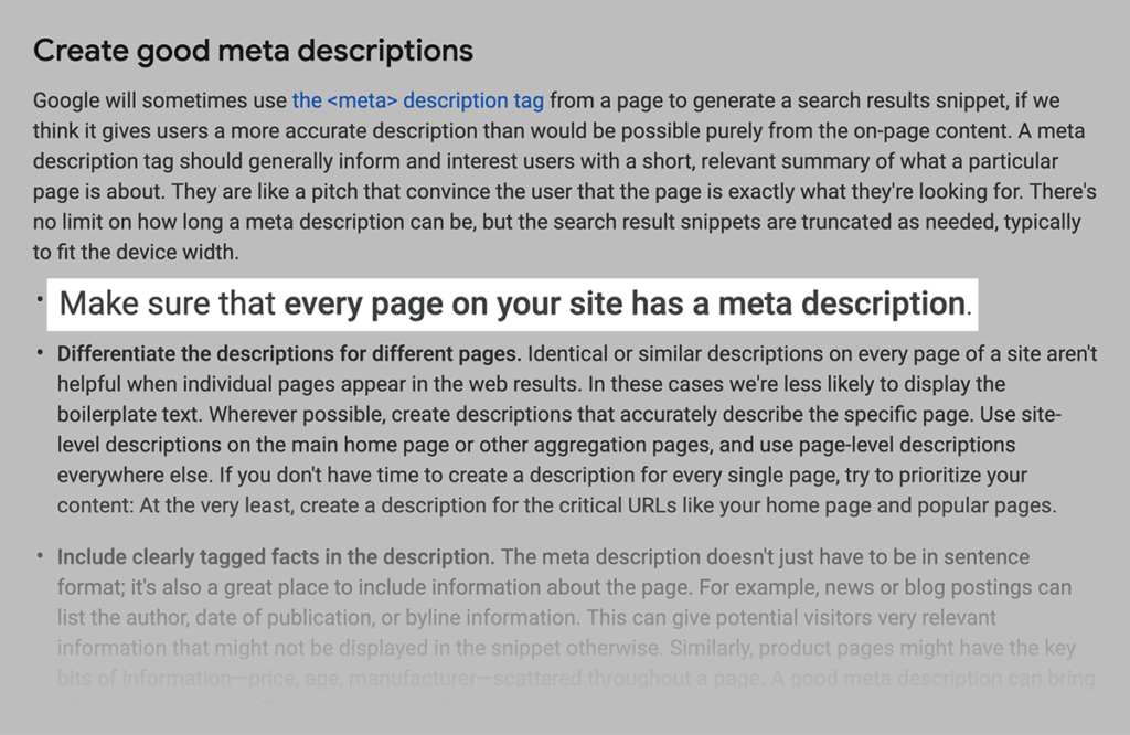 谷歌建议为每个页面编写唯一的元描述