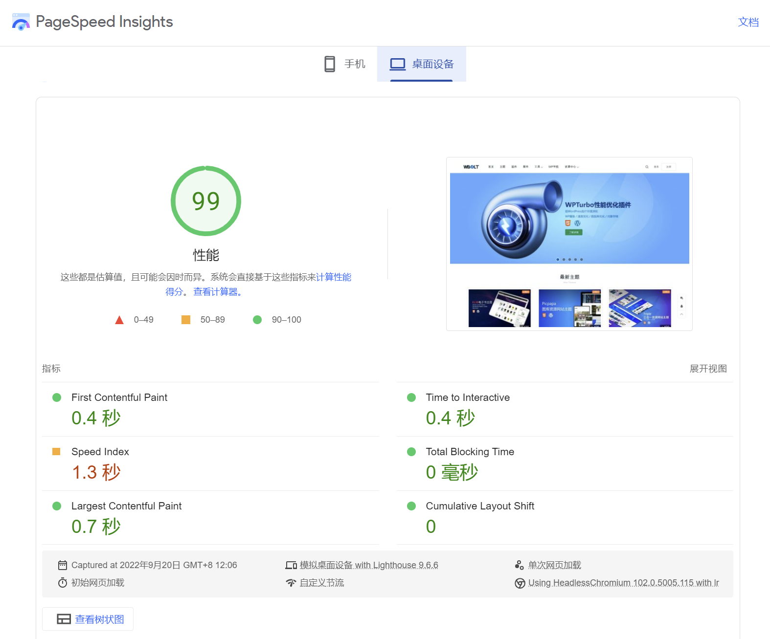 闪电博PageSpeed Insights评分