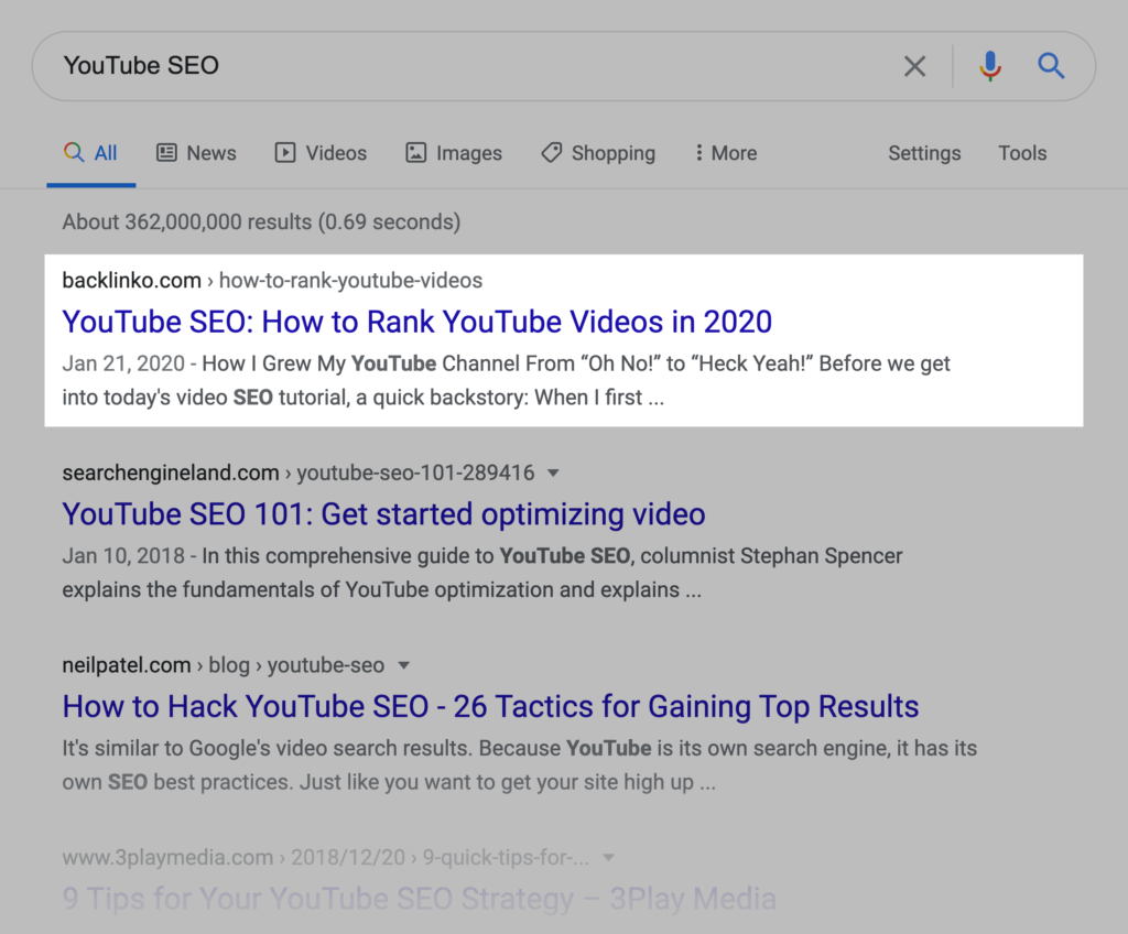 youtube seo谷歌搜索结果