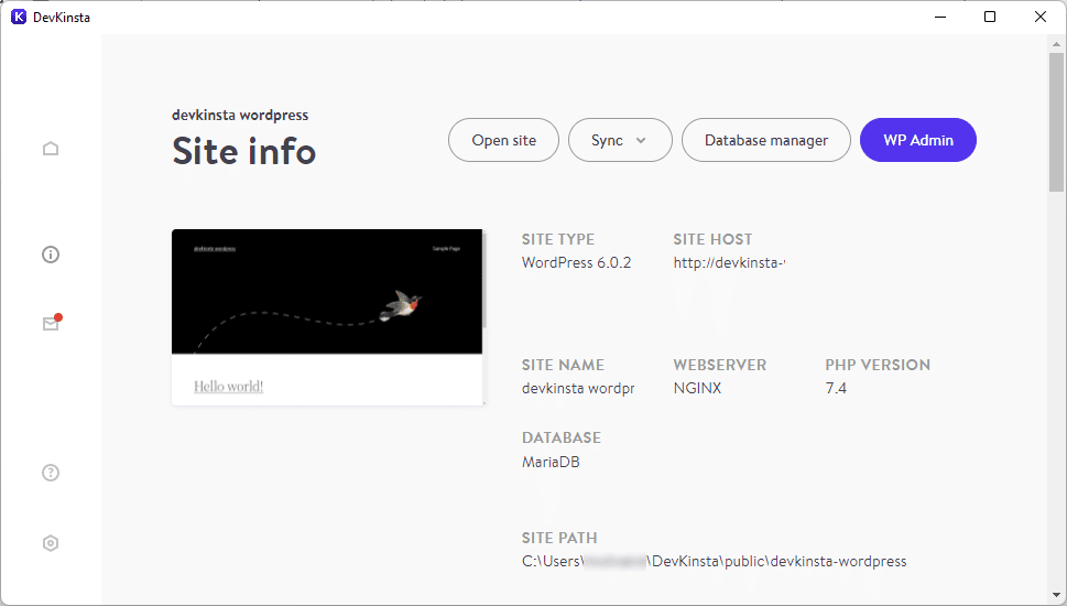 DevKinsta的网站信息面板
