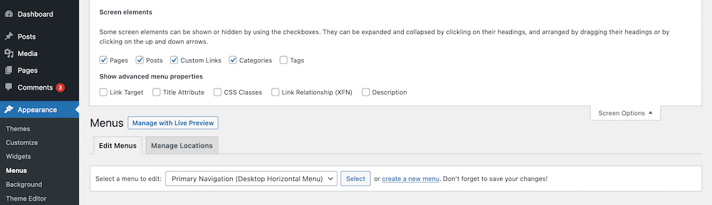 经典编辑器中的屏幕选项